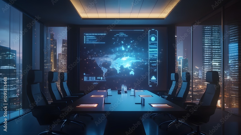 Poster a hybrid meeting space showcasing ai-powered virtual assistants projecting 3d glowing team analytics