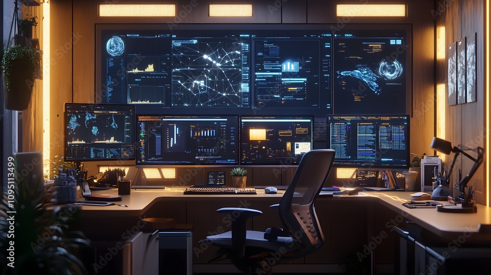 Poster A futuristic workspace where AI-generated 3D glowing data flows complement 2D task execution guides for enhanced productivity. 4k resolution, Cinematic Scene