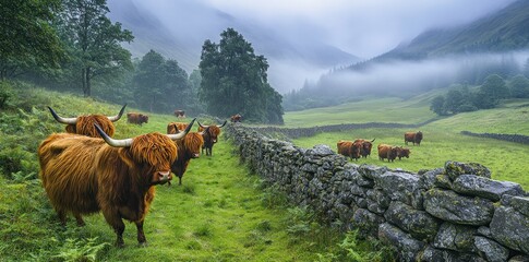 Highland Cows Grazing in Misty Scottish Valley