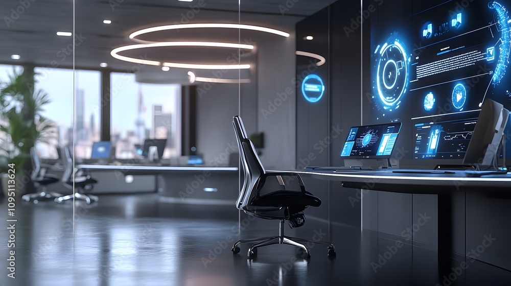 Fototapete A sleek office featuring AI-powered virtual assistants displaying 3D glowing task alignment visuals and 2D floating analytics. 4k resolution, Cinematic Scene
