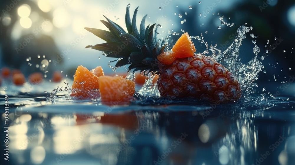 Poster fresh pineapple splashing in water with slices and reflections in a tropical setting, capturing the 