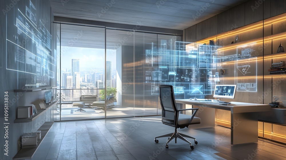 Poster A futuristic office where AI-driven wearable tools generate 3D glowing task alignment diagrams paired with 2D animated feedback. 4k resolution, Cinematic Scene