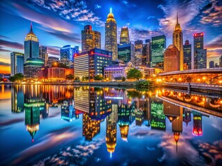 Naklejka premium Stunning Night Photography Showcasing Iconic Cities Across All 50 States in America, Capturing Unique Skylines and Urban Landscapes Under Starry Skies