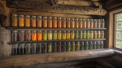 Naklejka premium Vibrant Display of Colorful Jars Filled with Preserved Vegetables and Fruits in Cozy Rustic Cabin Interior