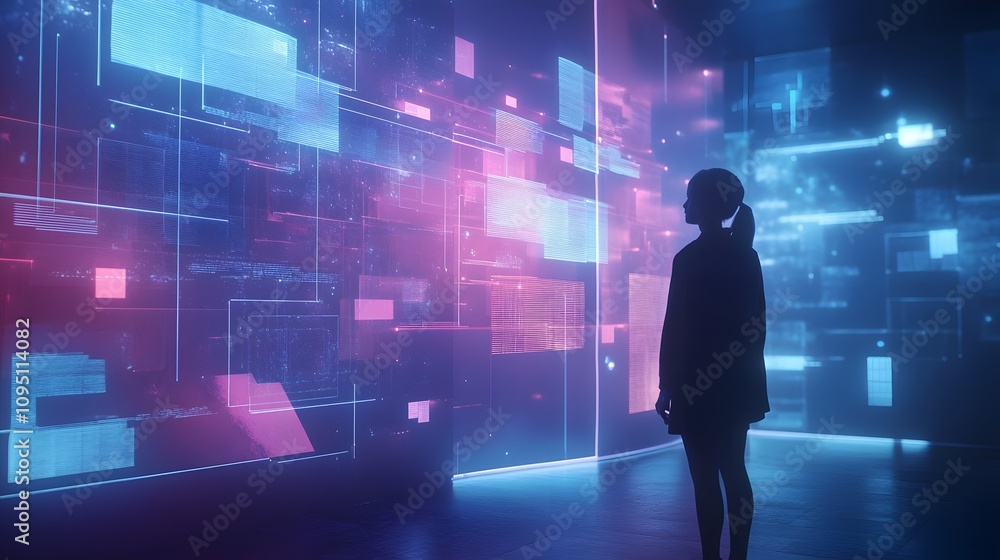 Poster A professional presenting AI-generated 3D glowing project insights complemented by 2D floating team alignment tools. 4k resolution, Cinematic Scene