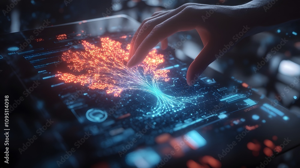 Fototapete A hybrid professional using AI-driven holographic dashboards projecting 3D glowing decision trees with 2D task updates. 4k resolution, Cinematic Scene