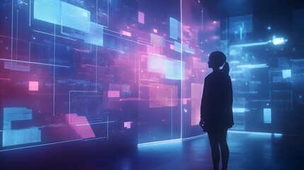 A professional presenting AI-generated 3D glowing project insights complemented by 2D floating team alignment tools. 4k resolution, Cinematic Scene