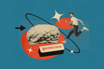Composite trend artwork sketch image collage of intelligence assistant idea creative young guy run...