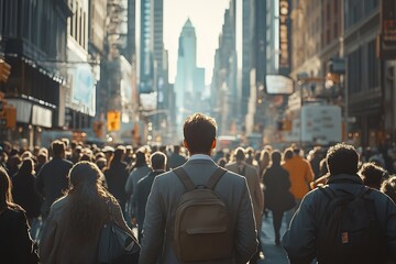 Obraz premium Gray Suit, Back View Man Walking Sunlit City Street