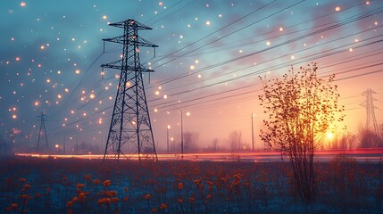 Surreal sunset landscape with floating lights, power lines, and wildflowers.