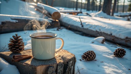 Hot cup of coffee or tea standing on a snowy log with cones in a winter forest