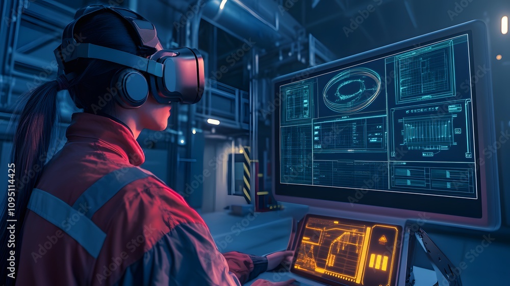 Aufkleber A virtual development hub where trainees navigate 3D VR safety simulations alongside 2D glowing task reminders. 4k resolution, Cinematic Scene