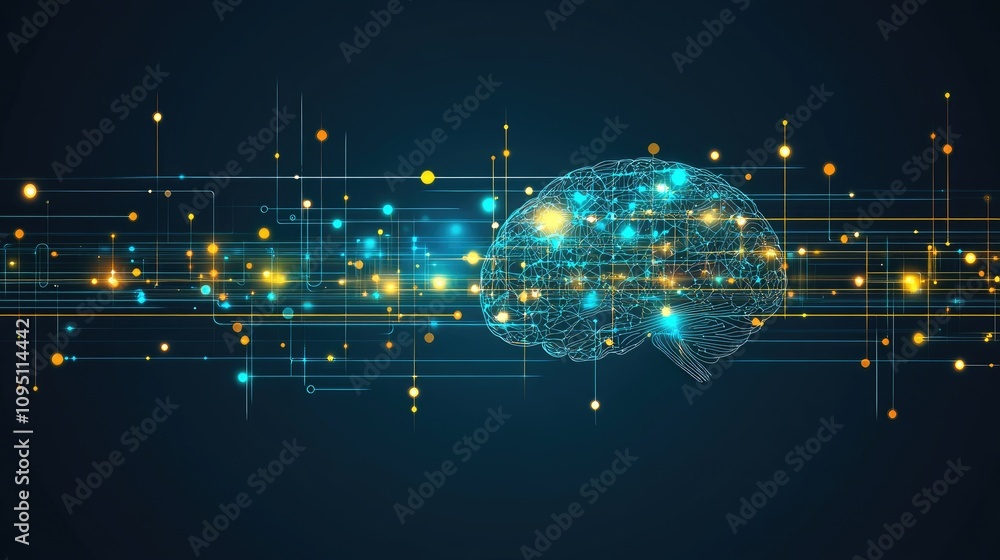 Poster abstract depiction of a human brain surrounded by glowing particles and light trails representing co