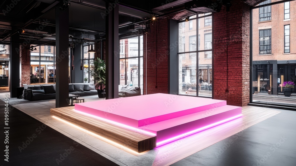 Poster modern minimalist event space with pink lighting and large stage surrounded by brick walls and floor