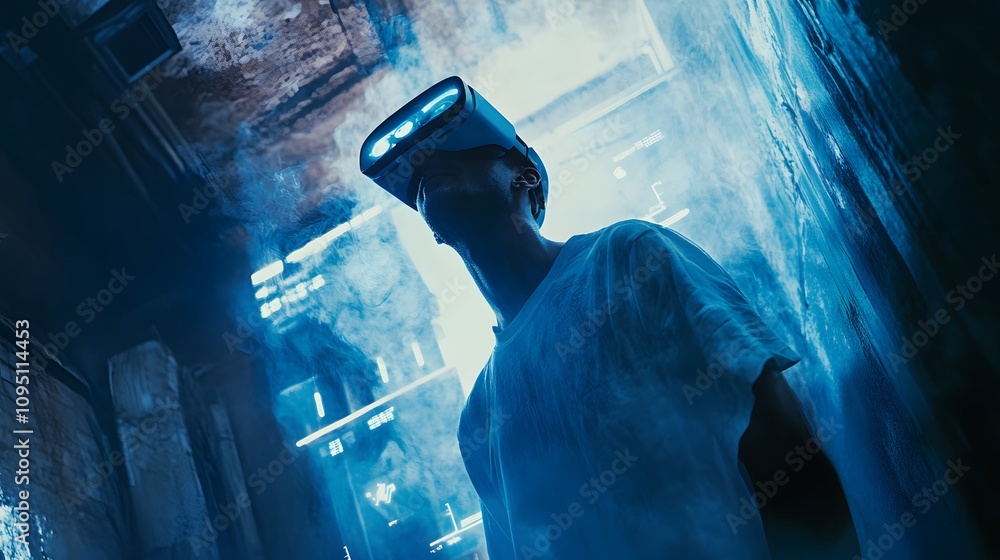Poster A professional using AR glasses to engage with 3D task simulation overlays and 2D glowing performance metrics. 4k resolution, Cinematic Scene
