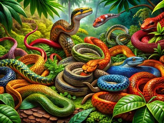 Fototapeta premium Stunning Panoramic Photography of Serpents in Their Natural Habitat, Capturing the Beauty and Diversity of Snake Species with Lush Greenery and Intricate Patterns