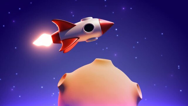 3d red and silver colored Rocket flying around the moon or asteroid on purple blue space universe, with starry background and cartoon style
