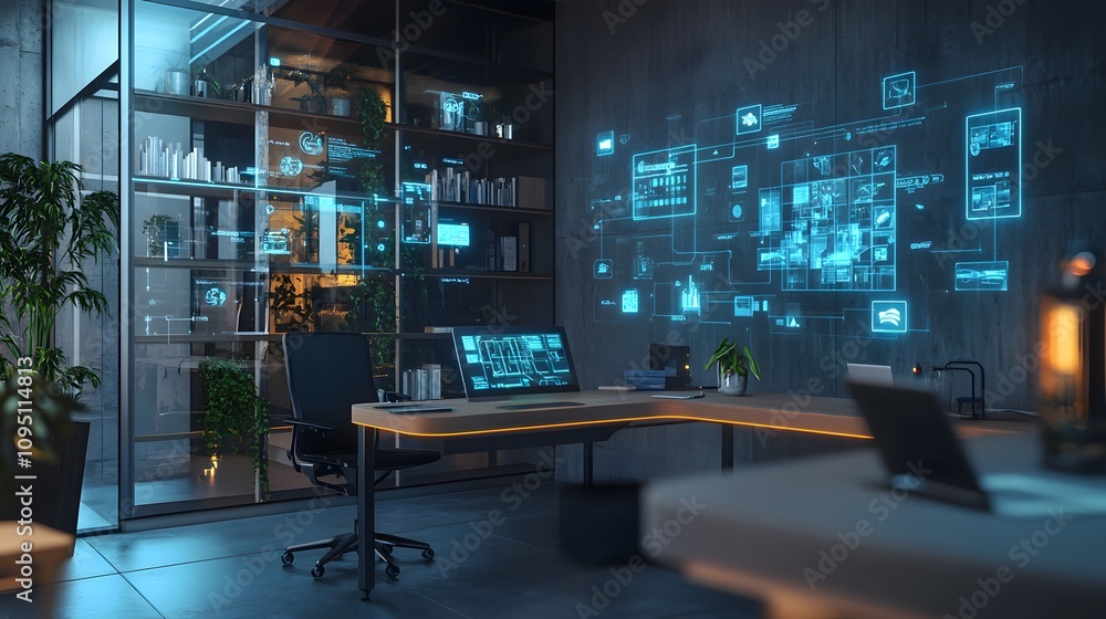 Poster a sleek training workspace where employees engage with ar tools projecting 3d glowing performance ch