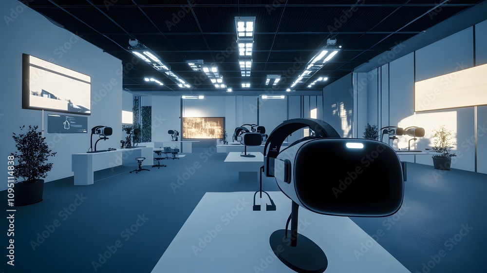 Poster A minimalist lab integrating VR headsets for 3D glowing task simulations paired with 2D actionable reports. 4k resolution, Cinematic Scene