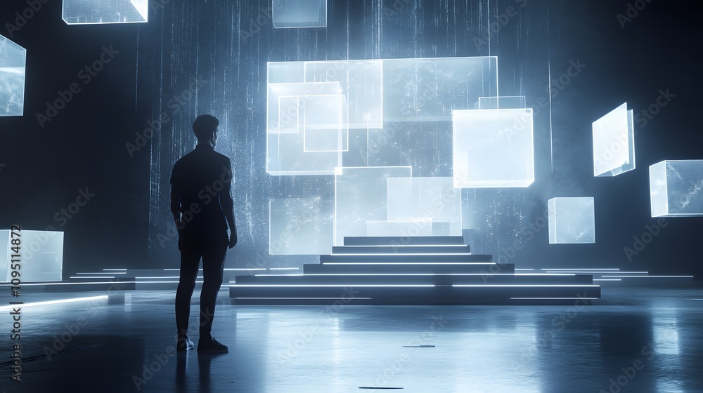 Poster A professional presenting AR-enhanced training modules with 3D glowing resource models and 2D actionable steps. 4k resolution, Cinematic Scene