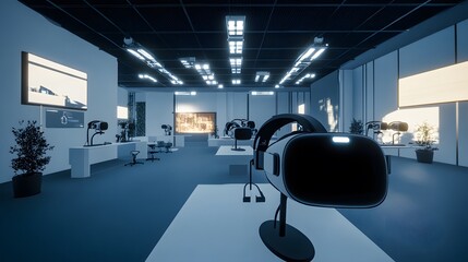 A minimalist lab integrating VR headsets for 3D glowing task simulations paired with 2D actionable reports. 4k resolution, Cinematic Scene