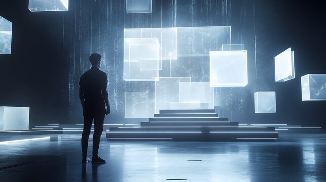 A professional presenting AR-enhanced training modules with 3D glowing resource models and 2D actionable steps. 4k resolution, Cinematic Scene