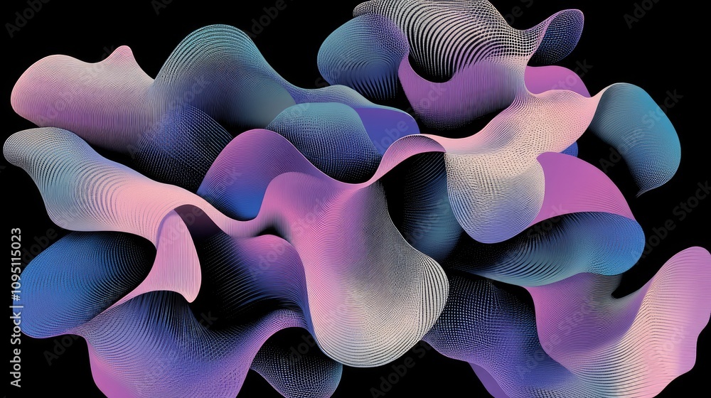 Poster abstract wavy formations in vibrant colors displaying fluidity and depth against a black background 