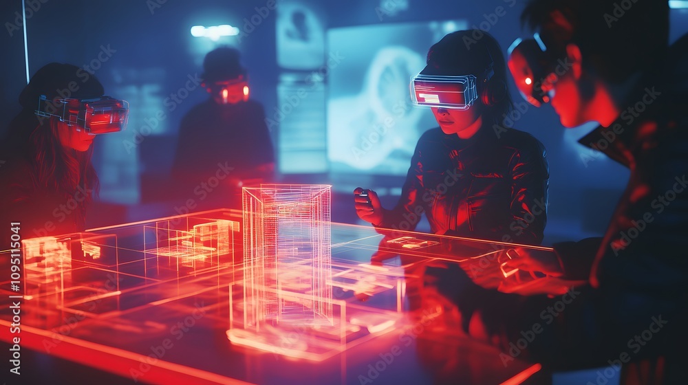 Aufkleber a hybrid professional analyzing vr-generated 3d glowing team-building activities with 2d glowing tas