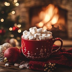 Cup of cocoa with marshmallow in winter Christmas or New Year style cozy picture with fireplace and Christmas tree