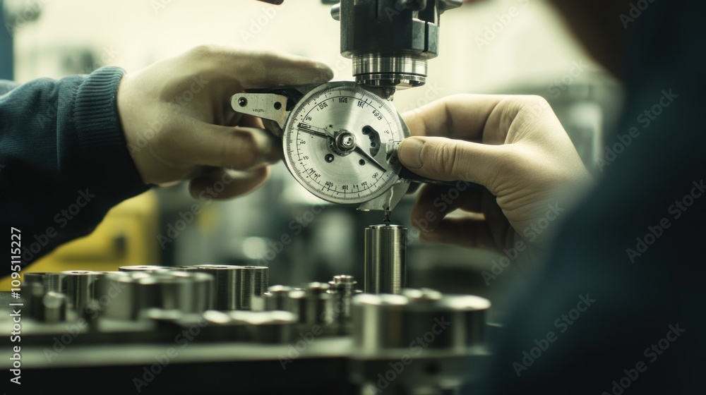 Poster A Technician Using a Dial Gauge to Measure a Metal Object