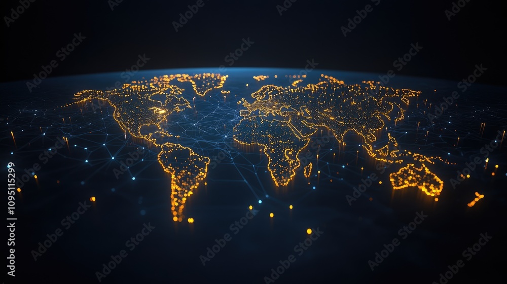 Poster a stunning visualization of a connected world map with bright illuminated cities and network lines r