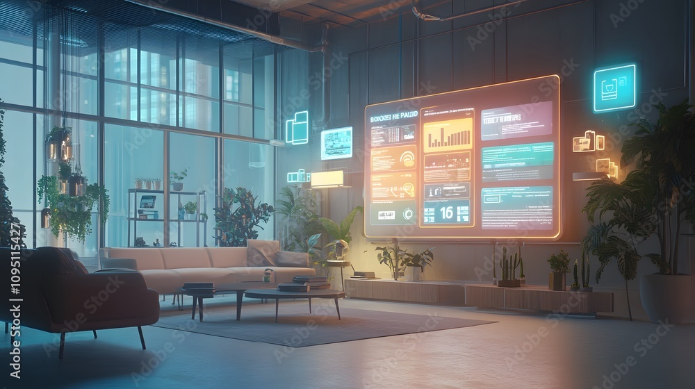 Poster A hybrid coworking hub where IoT devices manage 3D glowing room booking interfaces with 2D animated availability schedules. 4k resolution, Cinematic Scene