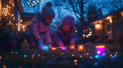 Fototapeta premium A family playing with glow sticks and light-up accessories as they welcome the New Year in their festively decorated backyard.