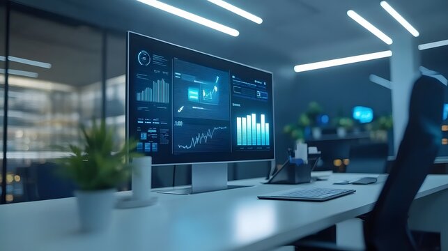 A sleek office featuring IoT-powered virtual assistants displaying 3D glowing meeting reminders and 2D task prioritization charts. 4k resolution, Cinematic Scene