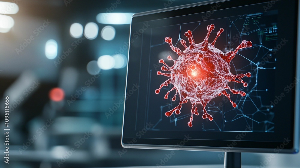 Poster biotechnology research breakthroughs. a digital display shows a 3d rendering of a virus, highlightin
