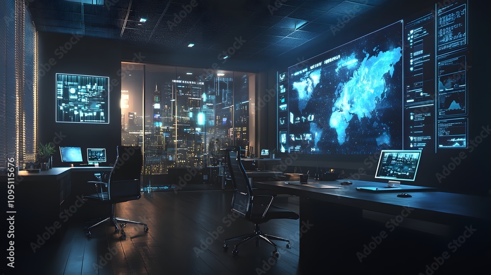 Poster A hybrid coworking space integrating IoT-enabled touch panels for 3D glowing resource allocation with 2D team feedback. 4k resolution, Cinematic Scene