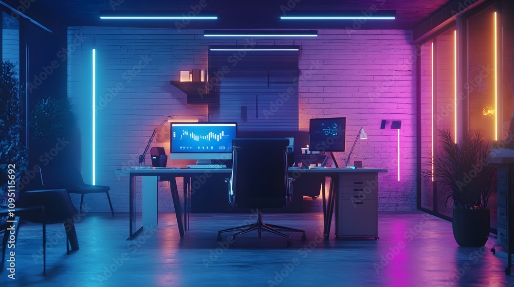 Poster a futuristic office equipped with iot-connected devices monitoring 3d glowing workspace energy effic