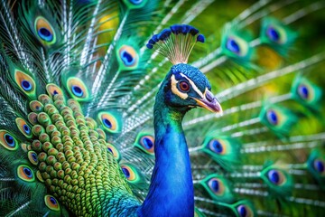 Obraz premium Stunning Portrait of a Vibrant Peacock Displaying Its Colorful Feathers Against a Lush Green Background, Perfect for Nature and Wildlife Enthusiasts
