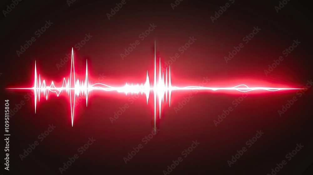 Poster abstract visualization of sound waves in red color displaying the peaks and valleys of audio frequen