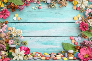 Herbal supplements and dried flowers on vintage wooden table, cozy atmosphere, 3D illustration