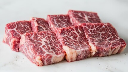 Fototapeta premium Premium Quality Beef Cuts with Intricate Marbling Perfect for Grilling, Barbecue, or Culinary Preparation Showcasing Freshness and Rich Texture on Clean Surface