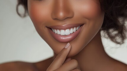 Obraz premium Close-Up Portrait of a Smiling Woman with Beautiful Skin and Curly Hair, Capturing Joy and Confidence Against a Soft Neutral Background