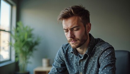 Obraz premium Young man with pensive mood contemplating life against window background