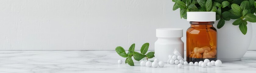 Holistic health kit with homeopathy and herbs on marble table, luxury wellness, 3D illustration