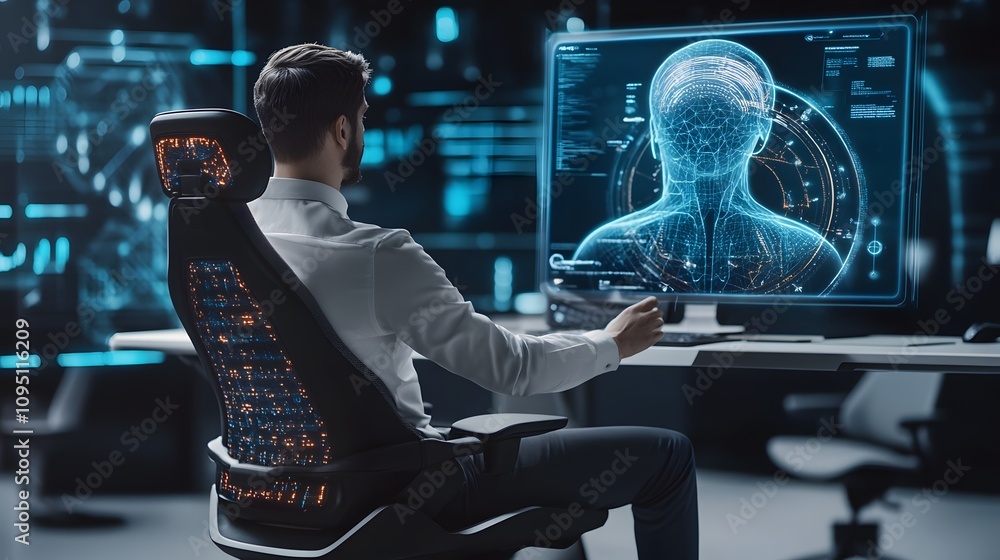 Poster a professional interacting with iot-enabled smart chairs that project 3d glowing ergonomic adjustmen
