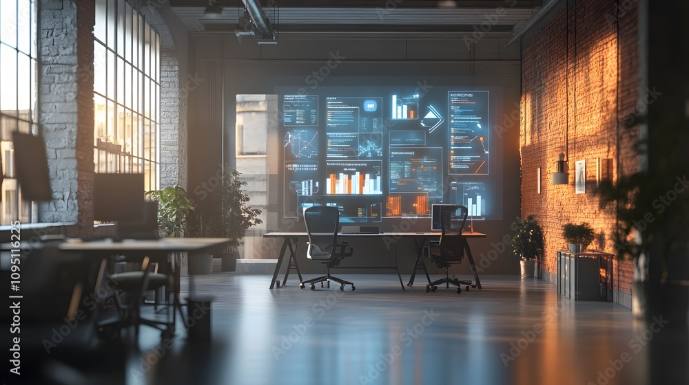 Poster A modern workspace equipped with IoT-powered interactive screens showing 3D glowing project timelines with 2D success indicators. 4k resolution, Cinematic Scene