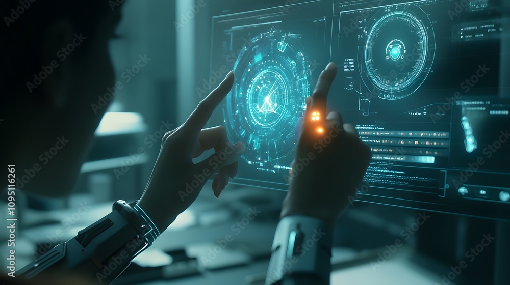 Poster A professional using IoT-enabled wearable devices projecting 3D glowing task progress meters with 2D actionable suggestions. 4k resolution, Cinematic Scene
