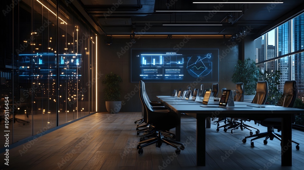 Fototapete A hybrid coworking hub showcasing IoT-powered meeting schedulers displaying 3D glowing booking interfaces with 2D animated availability charts. 4k resolution, Cinematic Scene