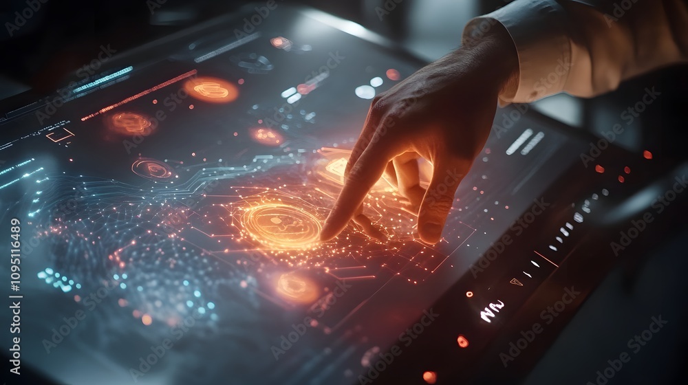 Poster A professional interacting with IoT-enabled touchscreens displaying 3D glowing project analytics with 2D actionable recommendations. 4k resolution, Cinematic Scene