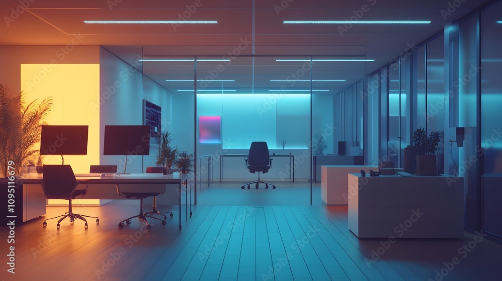 Poster A sleek office where IoT devices adjust ergonomic settings through 3D glowing interfaces with 2D health monitoring feedback. 4k resolution, Cinematic Scene